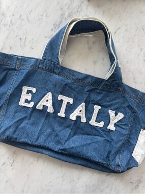 Eataly Denim Frayed Shopper Tote Everyday Grocery and Errand Bag Travel Friendly